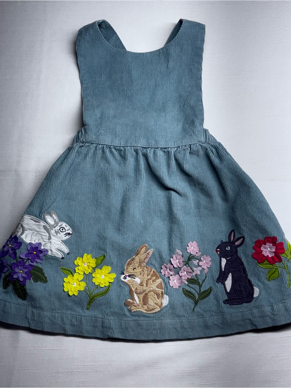 Mini Boden Blue Corduroy Dress with Bunny & Floral Embroidery EUC